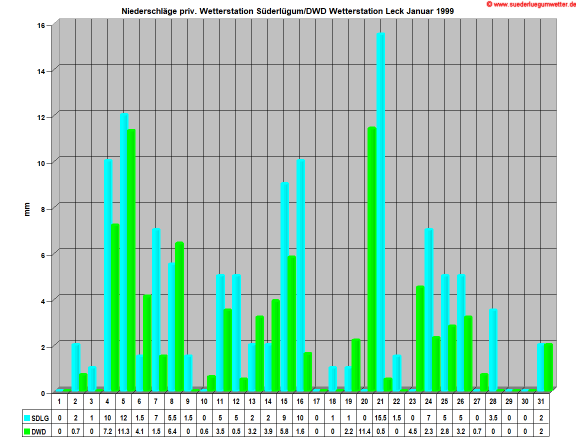 Niederschlge priv. Wetterstation Sderlgum/DWD Wetterstation Leck Januar 1999