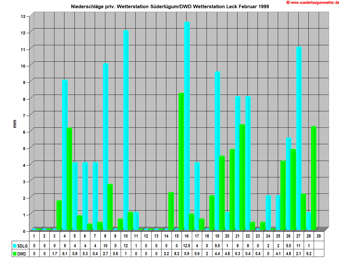 Niederschlge priv. Wetterstation Sderlgum/DWD Wetterstation Leck Februar 1999