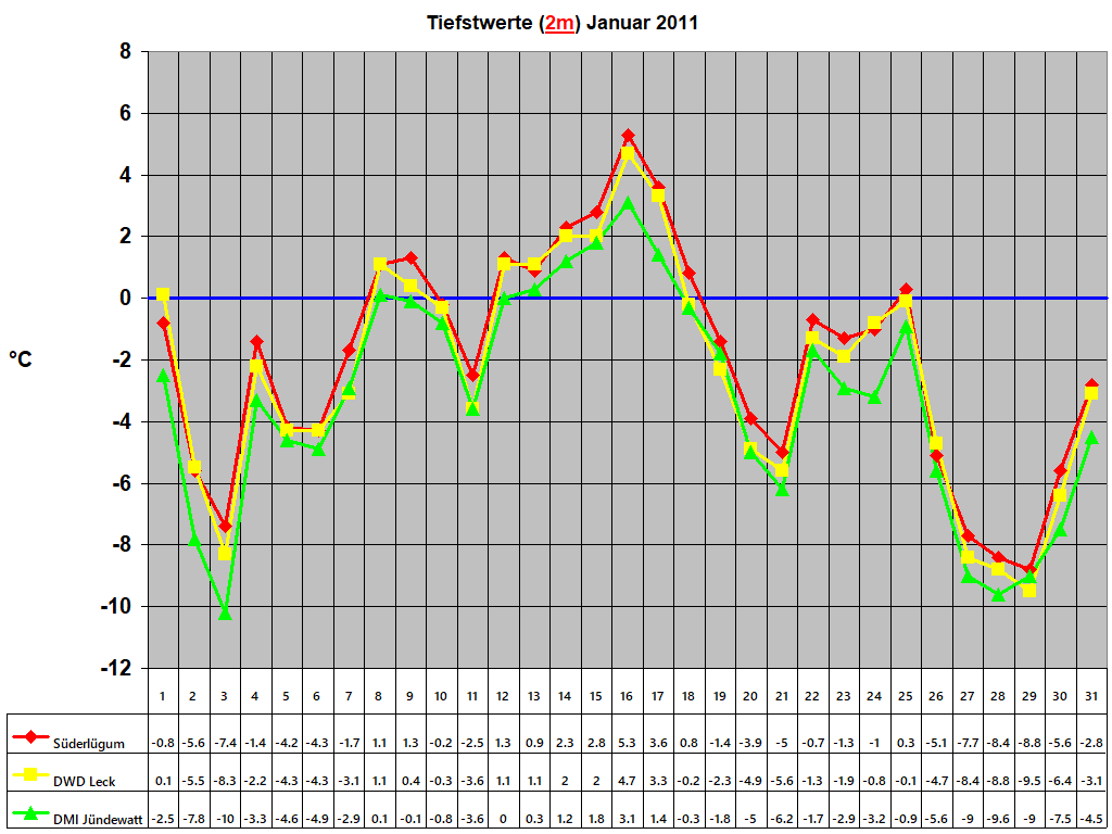 Tiefstwerte (2m) Januar 2011