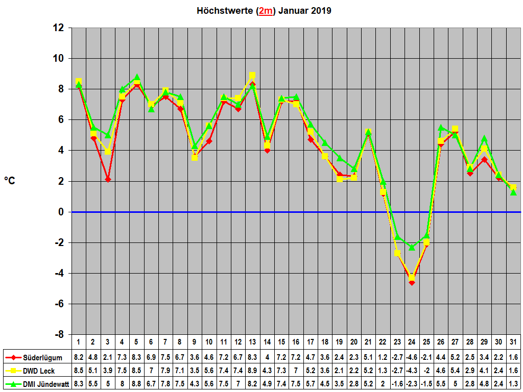 Hchstwerte (2m) Januar 2019