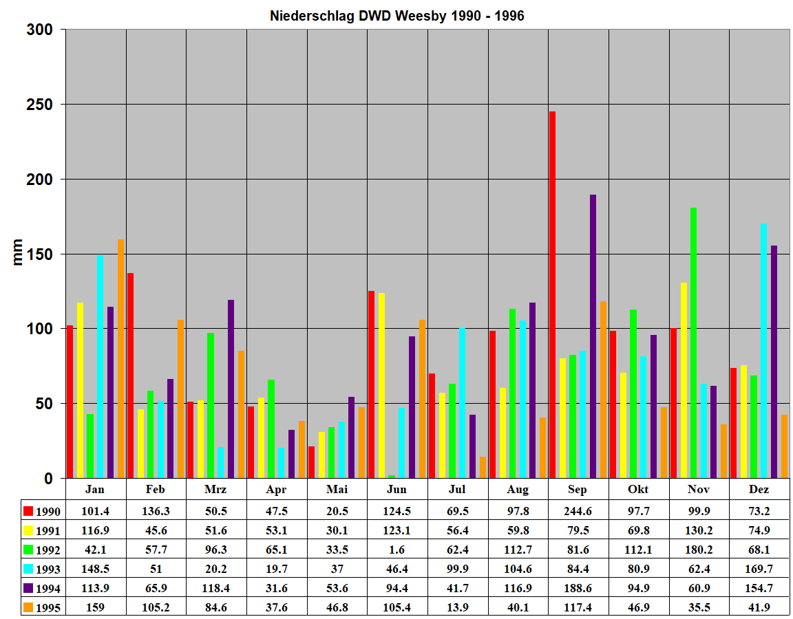 Niederschlag DWD Weesby 1990 - 1996